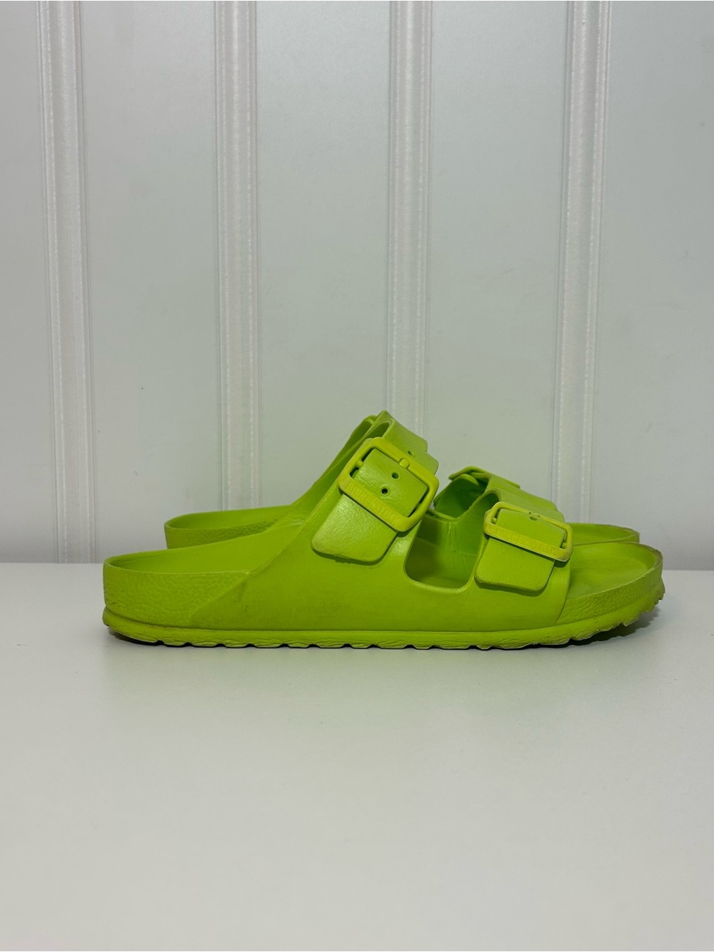 Birkenstock Arizona Eva neon Lime Green Slide Sandals with Dual Buckles